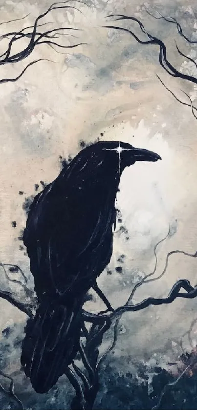 Silhouette of a raven in mystical, dark tones on a textured background.