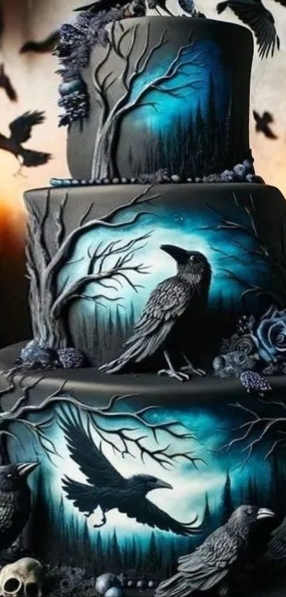 Three-tiered gothic raven cake with intricate designs.