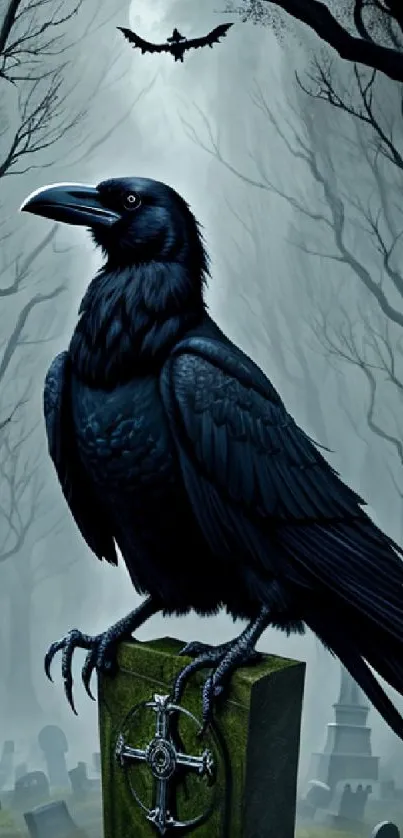 Mystical raven perched in a misty graveyard surrounded by trees.