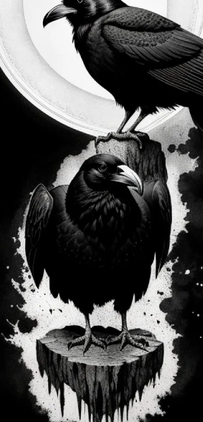 Mystical ravens perched under moon in black and white art.