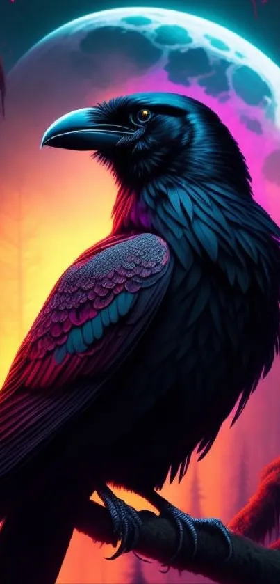 A mystical raven sits poised before a luminous, colorful full moon.