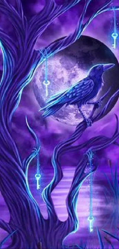 Mystical raven on tree with moon and glowing keys in purple night scene.