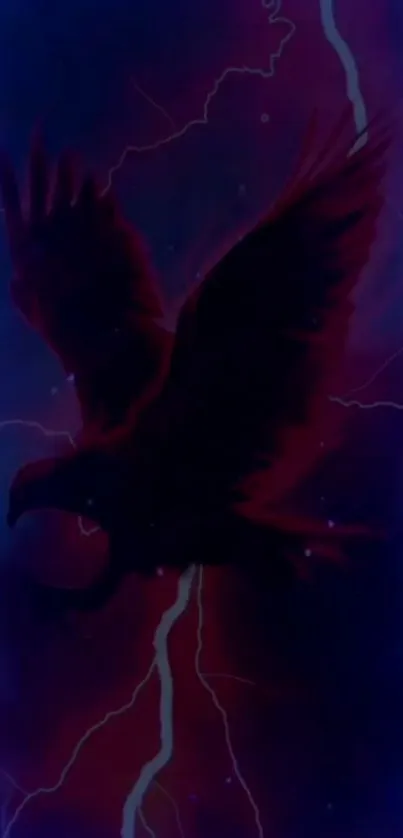 Dark silhouette of a raven against a vibrant blue and purple sky with lightning.