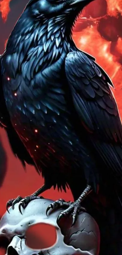 Raven perched on skull with fiery red moon in the background.