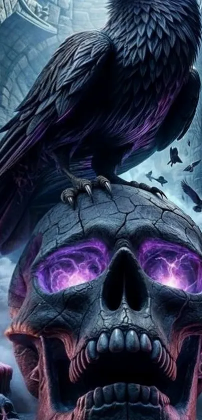 Raven perched on a skull with purple glowing eyes in a gothic setting.