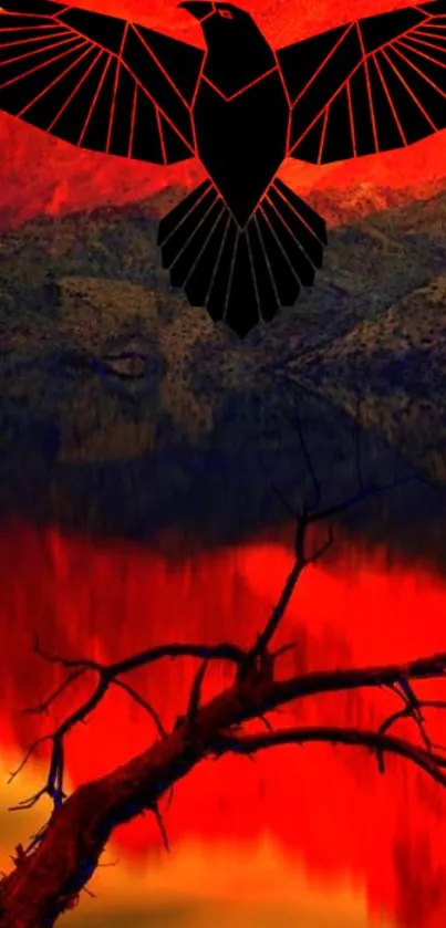 Raven silhouette on vivid red sky with landscape.