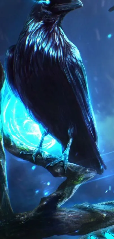 Mystical glowing raven on branch in blue light