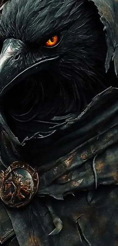 Mystical raven warrior with glowing orange eyes and detailed armor.