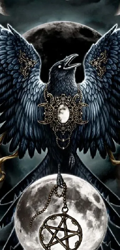 Mystical raven surrounded by glowing moons in a gothic style.