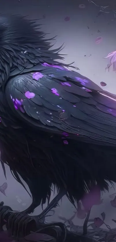 Raven with purple flowers in mystical, dark setting.