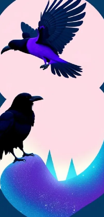 Mystical wallpaper with two ravens in vibrant colors.