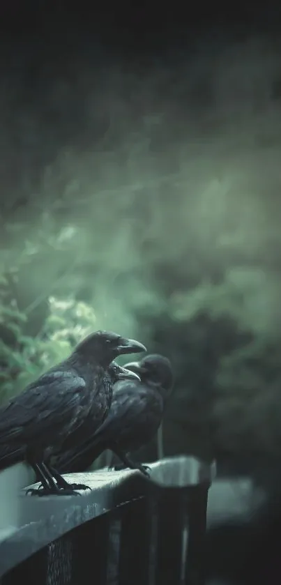 Two ravens perched on a fence in a misty, dark forest setting.