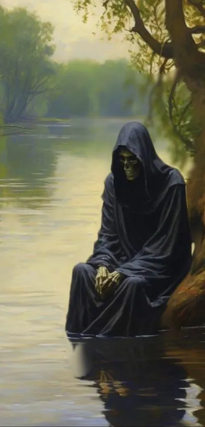 Hooded reaper sitting by a tranquil lakeside with dark mystical vibes.