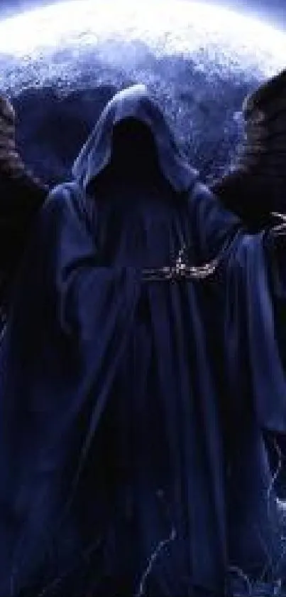 Dark hooded figure with wings under a full moon backdrop.