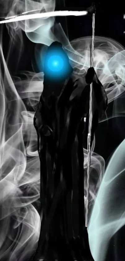 Dark reaper with blue eye and smoke wallpaper.