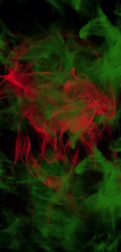 Red and green smoke swirling on a dark background.