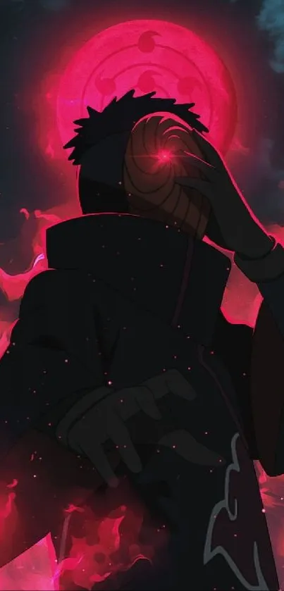 Anime character with red aura in dark mystical setting.