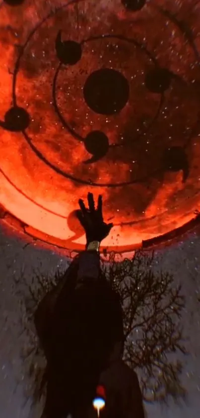 Red circle with hand reaching towards it on a dark, mystical background.