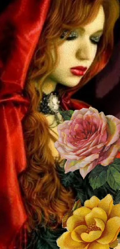 Elegant woman in a red cloak with roses, creating a mystical and artistic scene.