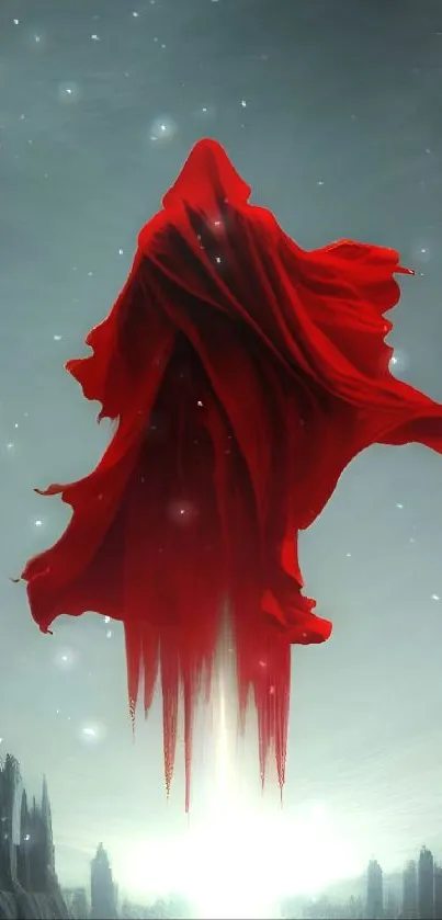 Mystical red cloak floating in a surreal landscape on phone wallpaper.