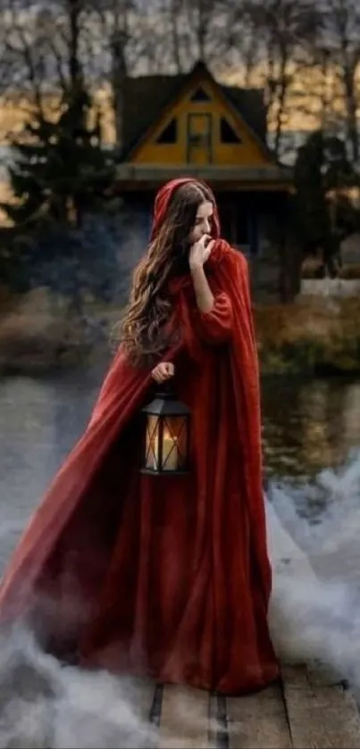 Woman in red cloak with lantern on foggy pier.