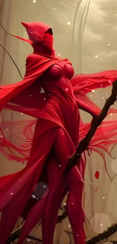 A mystical figure in a red cloak stands amidst ethereal branches.