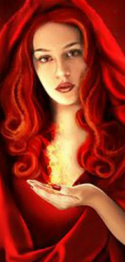 Mystical woman in red cloak with flames.