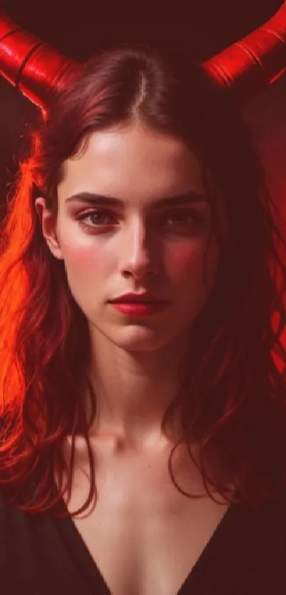 Mystical image of a girl with red devil horns.