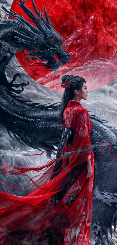 Woman in red dress with mystical black dragon in fantasy scene.