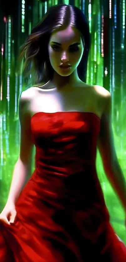 Woman in red dress against green matrix-style background.