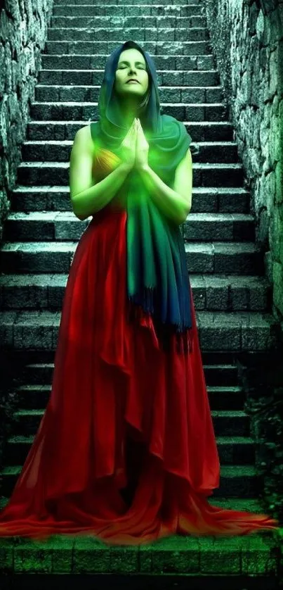 Woman in red dress on mystical stone stairs with green light.