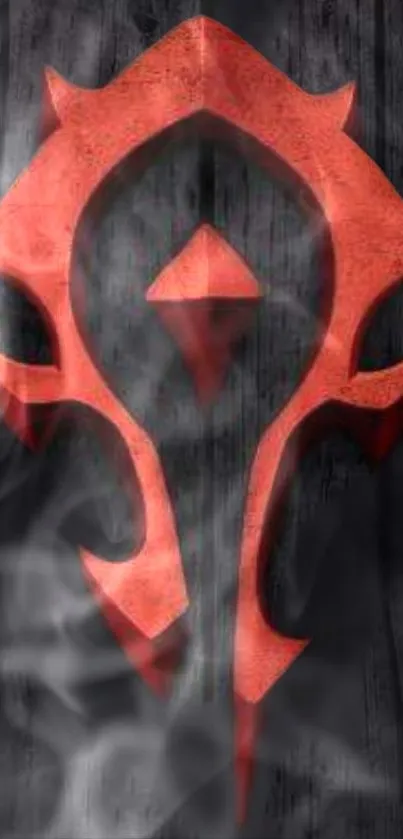 Mystical red emblem on dark wood wallpaper