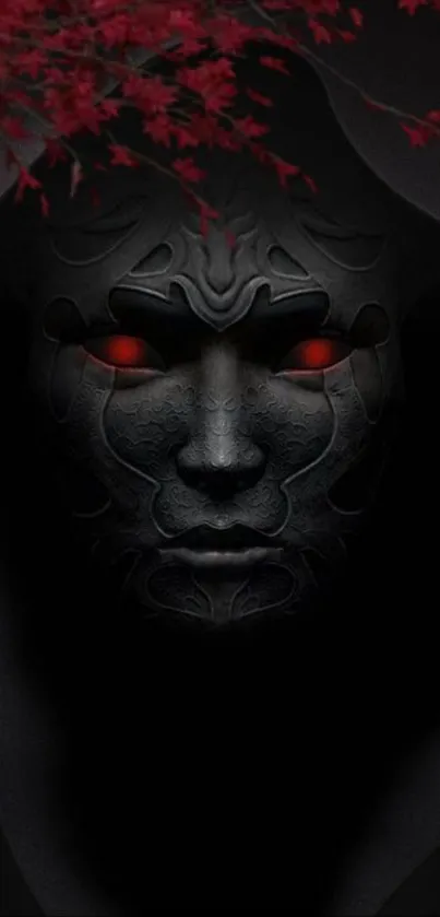 Dark themed wallpaper with mystical mask and glowing red eyes.