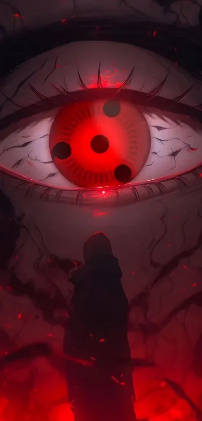Anime wallpaper featuring a dramatic red eye with glowing effects.