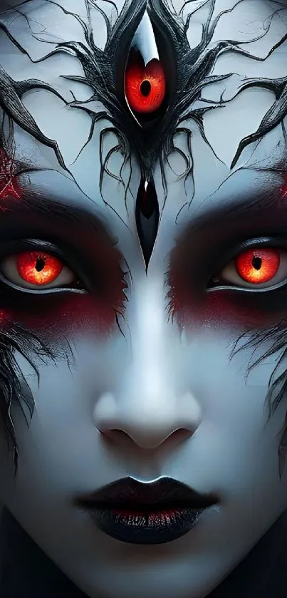 Artistic wallpaper of a mystical creature with striking red eyes.