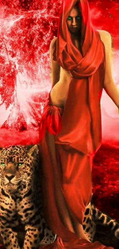 Mystical red wallpaper with hooded figure and leopard in enchanting landscape.