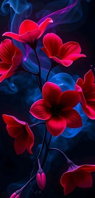 Mystical red flowers with blue smoke background wallpaper.