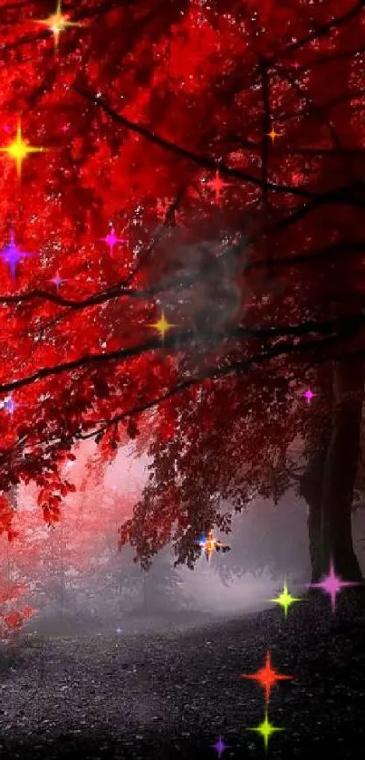 Mystical red forest pathway with vibrant leaves.