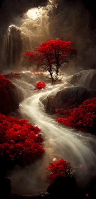 Mystical forest stream with vivid red trees and flowing water.