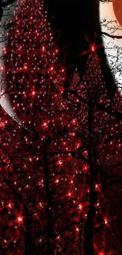 Mystical red forest wallpaper with glowing stars.