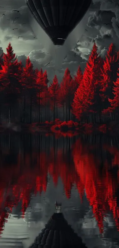 Red forest and hot air balloon reflected on a serene lake under dark clouds.