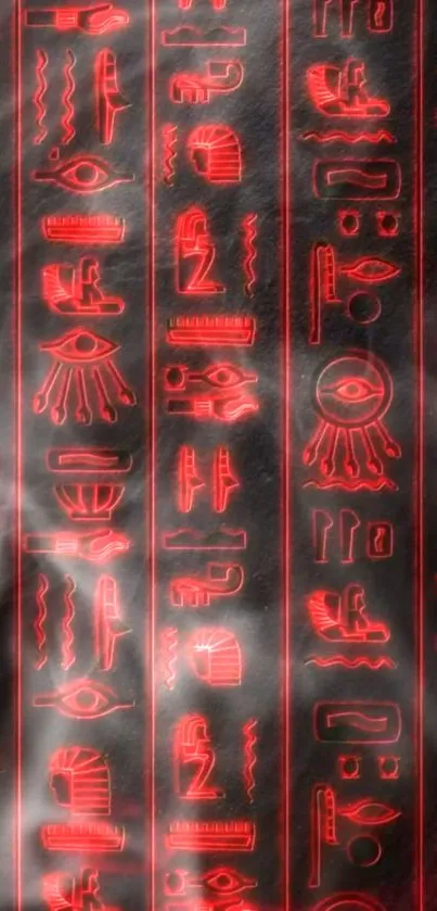 Mystical red hieroglyphics wallpaper on a dark background.