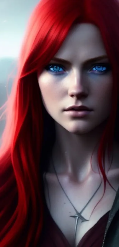 Mystical woman with red hair and blue eyes as wallpaper.