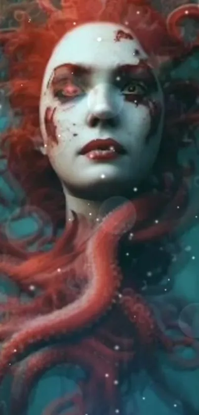 Mystical Medusa with red hair and tentacles in an underwater scene.