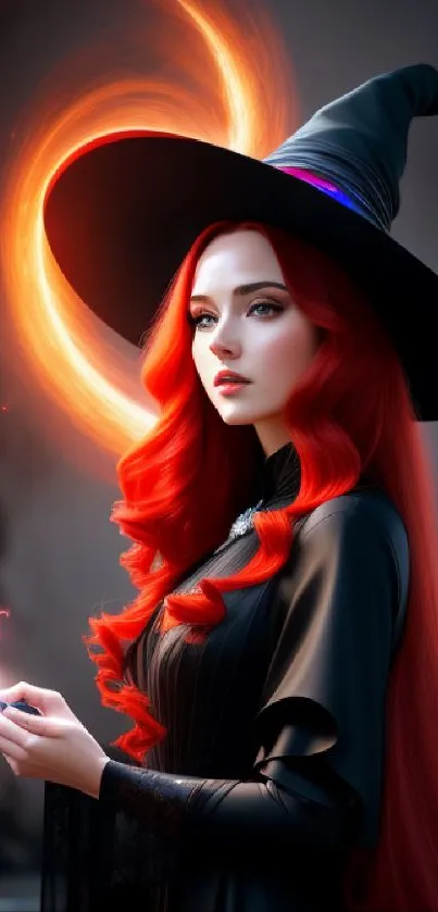 Red-haired witch in dark dress casting a spell with mystical light swirl.