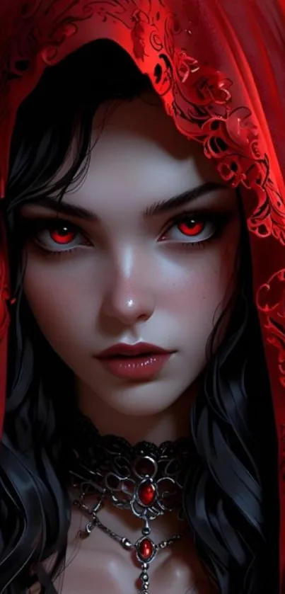 Fantasy red hooded character with captivating eyes.