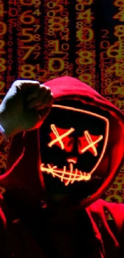 Mystical figure in red hood with glowing face and digital numbers in the background.