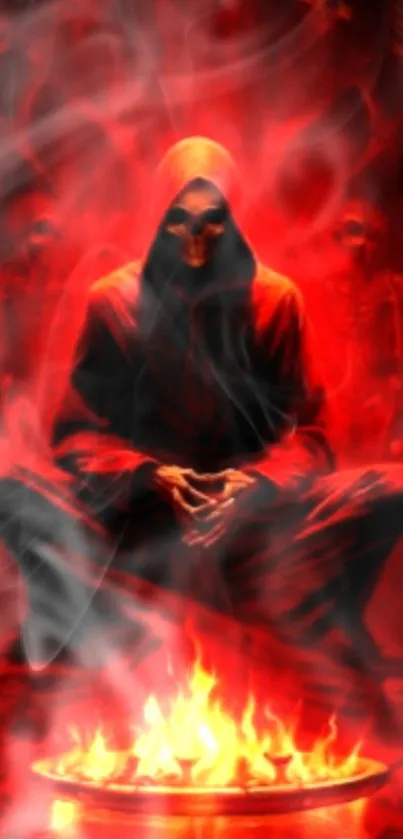 Red hooded figure with flames and smoke on wallpaper.