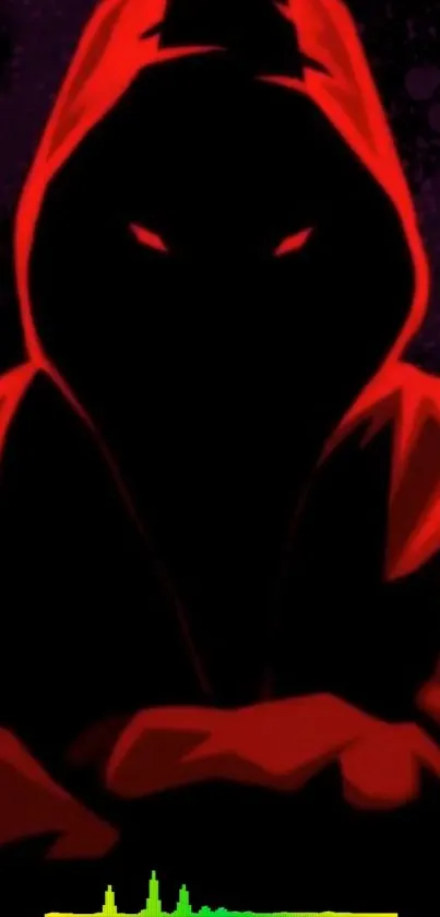 Mobile wallpaper of a mysterious red hooded figure on a dark background.