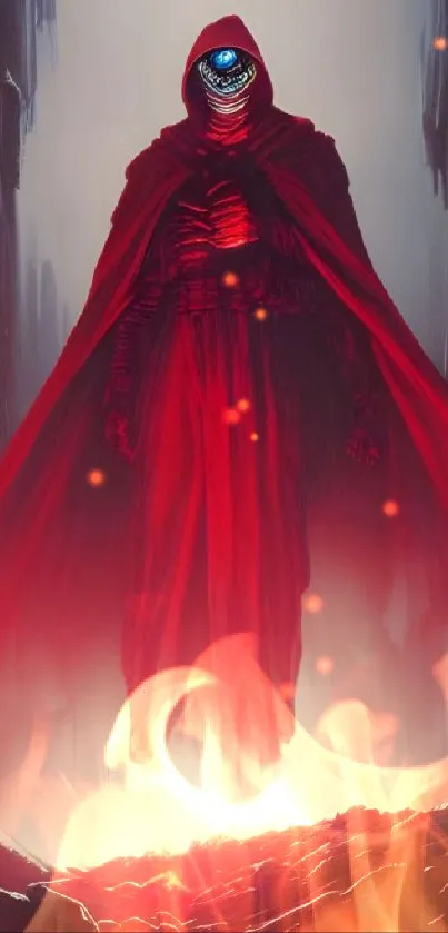 Mystical hooded figure in red with glowing eye, set against a dark background.